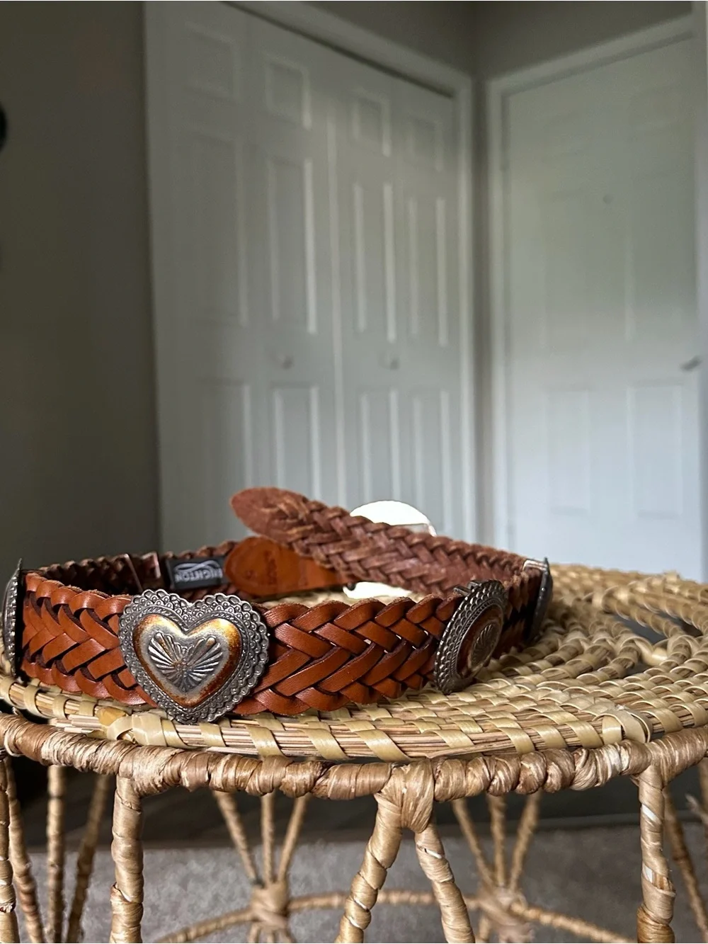 Brighton Braided Leather Belt with Heart Conchos in Chestnut Brown and Silver